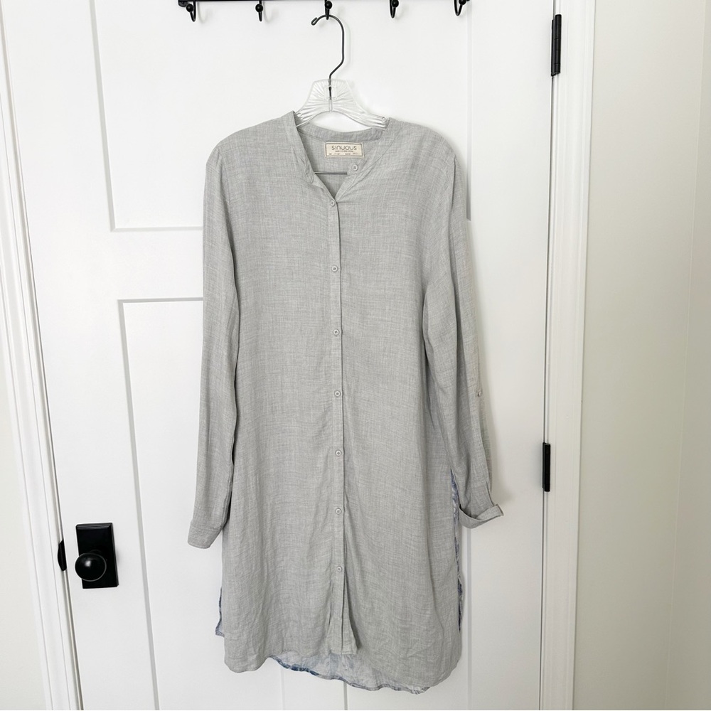 Sinuous button down gray blue palm shirt dress size L